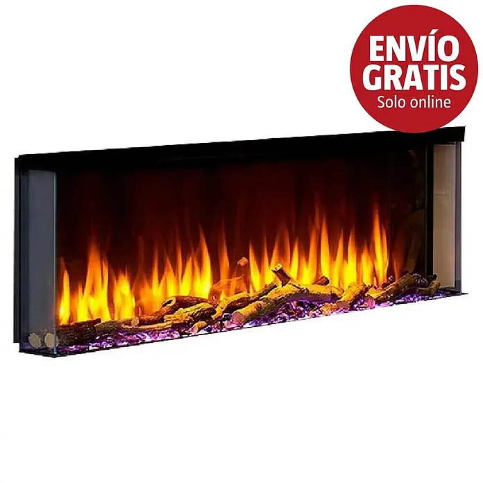 Charlton & Jenrick Chimenea eléctrica i1100E Slim - Negro, 1.500 W, 18,7 x 113,4 x 47,8 cm - Chimenea eléctrica negra con llamas artificiales naranjas, troncos y brasas moradas.
