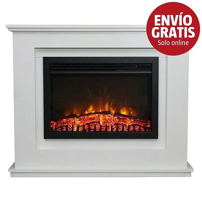 Focalpoint Chimenea eléctrica Medford - Blanco, 2.000 W, 27,5 x 98 x 81 mm - Chimenea eléctrica blanca con inserto negro que muestra llamas artificiales realistas y leños encendidos.