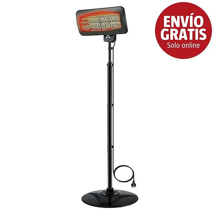 Purline Estufa de exterior Heaty Gleam - Altura: 210 cm - Calefactor eléctrico de pie negro con elemento calefactor naranja brillante, poste largo, base redonda y cable de alimentación enrollado.