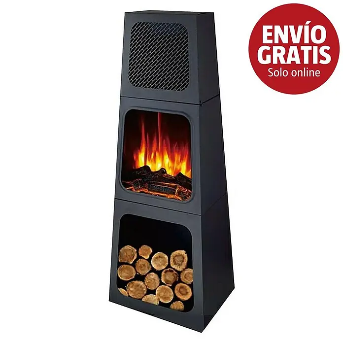 Purline Estufa de pie infrarrojos CHE-730 - 35 x 45 x 120 cm, 1.800 W, Negro - Chimenea eléctrica negra alta con efecto de llama y almacenamiento de leña.