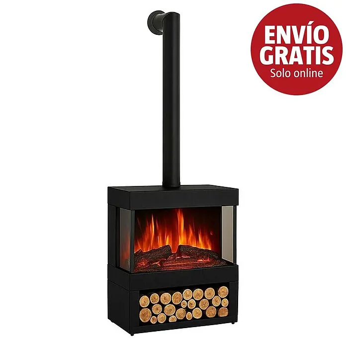 Purline Chimenea eléctrica Heaty Lampy - Negro, 900 W - 1.800 W, 30 x 60 x 73,5 cm - Chimenea eléctrica negra con laterales de cristal, llamas artificiales, tubo de humos y leñero.