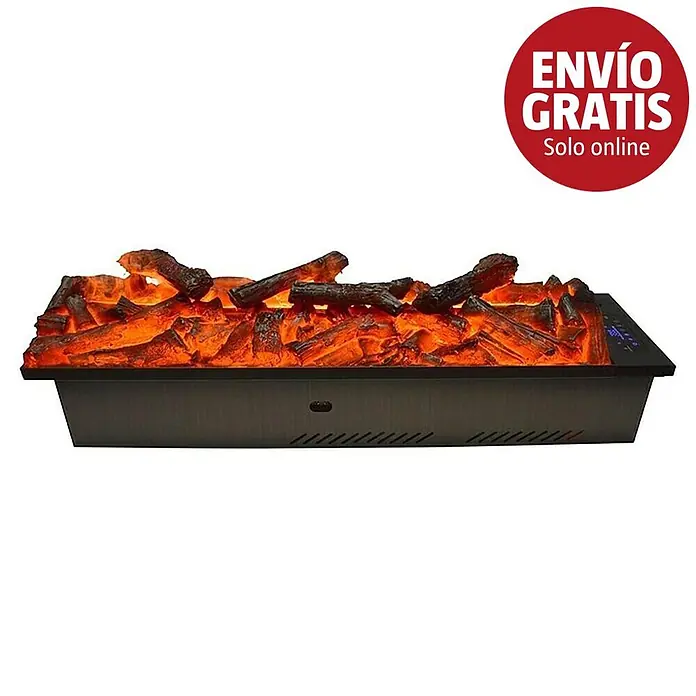 Purline Chimenea eléctrica Firecool Rustic Orange 70 - 70 cm - Inserto de chimenea eléctrica con troncos y ascuas brillantes en base gris oscuro.