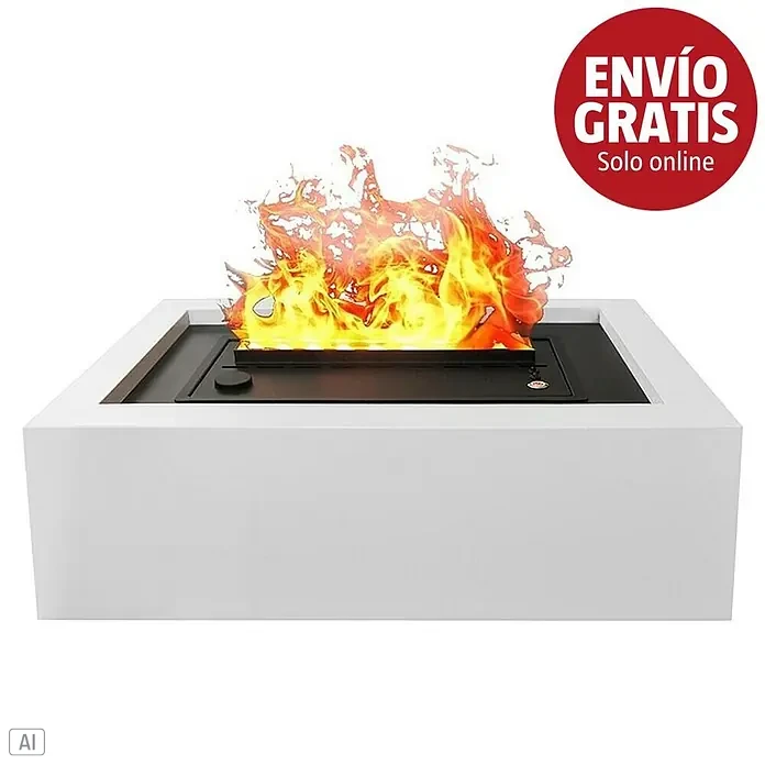Purline Chimenea eléctrica Firecool Table W - Blanco, 60 W, 26 x 51 x 15 cm - Chimenea de bioetanol rectangular blanca con quemador negro y llamas brillantes. Adhesivo rojo de 'ENVÍO GRATIS' arriba a la derecha.