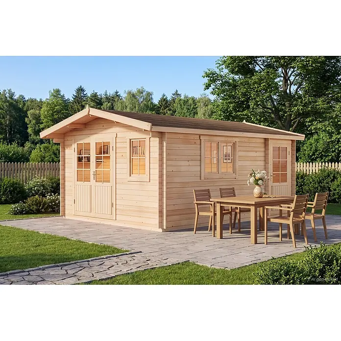 Gartenhaus Jennifer400x550cm Natur 28mm Wandstärke -  - Gartenhaus aus hellem Holz mit braunem Dach, Fenstern und Doppeltür, auf einer Steinterrasse mit Gartenmöbeln.