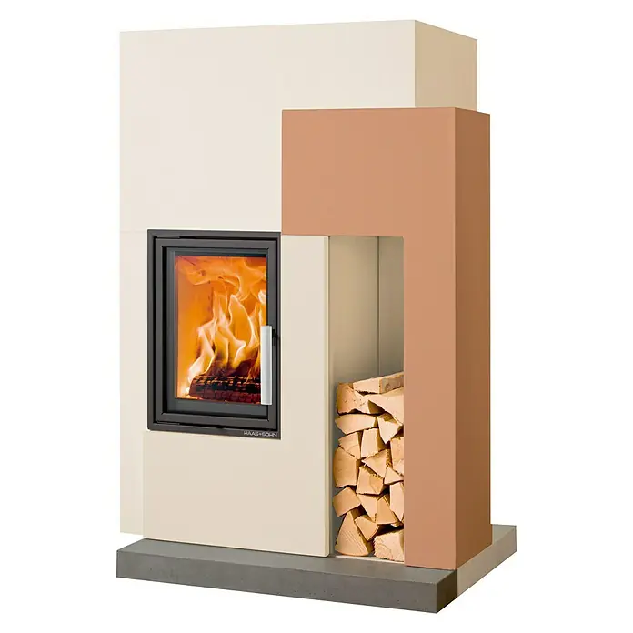 Haas+Sohn Kaminbausatz Ascim-II - 7 kW, Raumheizvermögen: 180 m³, Unbehandelt - Ein moderner Kaminofen mit Holzfach und loderndem Feuer für gemütliche Wärme und stilvolles Ambiente im Wohnraum.