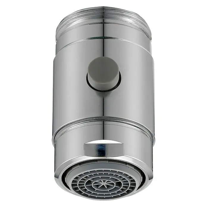 Neoperl Strahlregler Ecobooster - M24, 5 l/min - Nahaufnahme eines Wasserhahnaufsatzes aus Chrom mit grauer Taste und rundem, sternförmigem Auslauf.