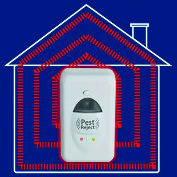 Eliminador de insectos Pest Reject - Rendimiento térmico: 200 m², 3,2 W, Plástico - La imagen muestra un dispositivo Pest Reject contra el fondo de una casa con un borde rojo, simulando el control de plagas.