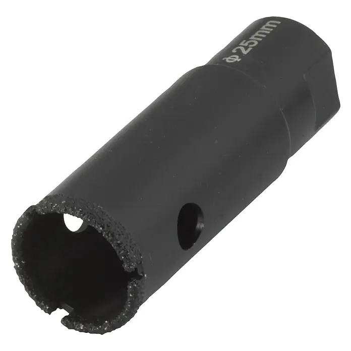 Wolfcraft Diamant-Lochsäge Ceramic Winkelschleifer - Durchmesser Bohrloch: 25 mm, Schnitttiefe: 45 mm, M14 Gewinde - Nahaufnahme eines 25mm Diamantbohrers, ideal für präzise Löcher in harten Materialien. Das Werkzeug ist robust und langlebig.