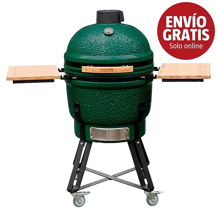 Outr Ahumador Kamado Grill Large - Diámetro de la superficie de la parrilla: 46,8 cm, Verde - Parrilla kamado de cerámica verde con mesas laterales de madera y soporte con ruedas.