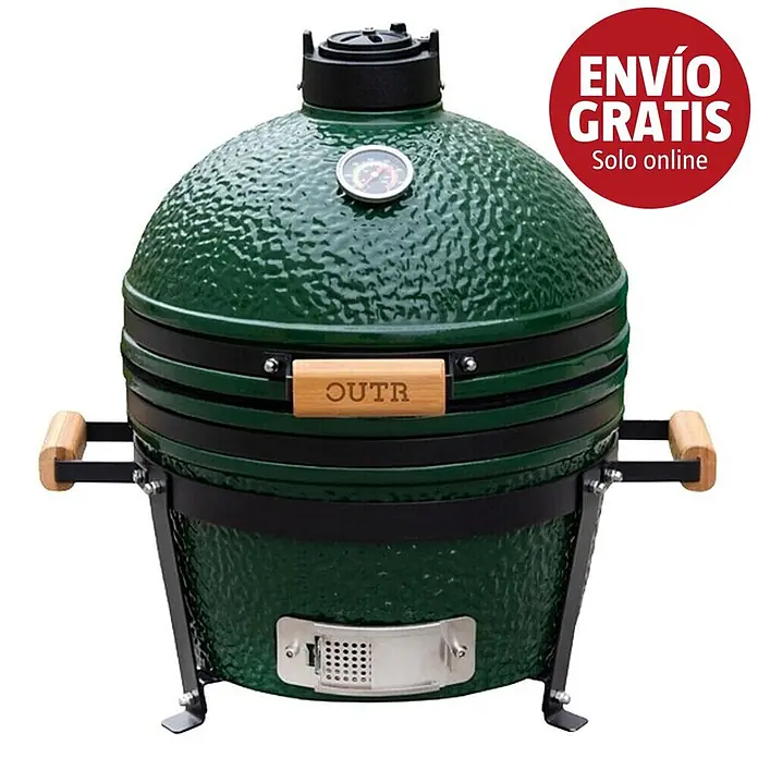Outr Ahumador Kamado Grill Medium - Diámetro de la superficie de la parrilla: 32,5 cm, Verde - Parrilla kamado verde con termómetro y asas de madera 'OUTR'.