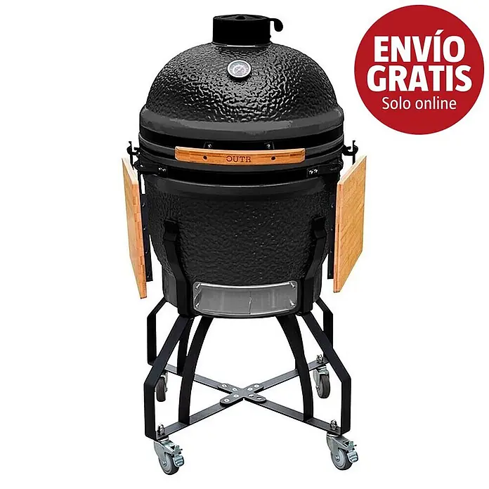 Outr Ahumador Kamado Grill Large - Diámetro de la superficie de la parrilla: 46,8 cm, Negro - Barbacoa kamado de cerámica negra con estantes laterales de madera y soporte metálico con ruedas.