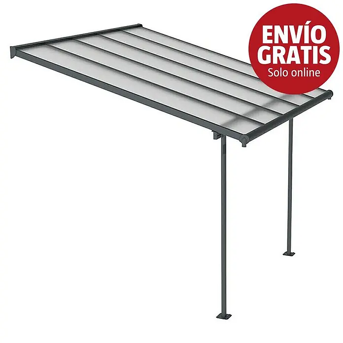 Palram – Canopia Marquesina adosada Sierra - An x Pr: 314 x 299 cm, Antracita, Policarbonato, Gris - Toldo de patio gris con techo de policarbonato translúcido, dos postes de soporte y etiqueta 'Envío Gratis Solo Online'.