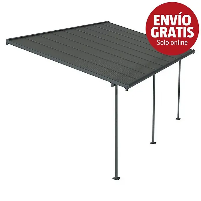 Palram – Canopia Marquesina adosada Capri - An x Pr: 555 x 299 cm, Antracita, Policarbonato, Gris - Toldo gris oscuro con techo corrugado y postes de soporte.