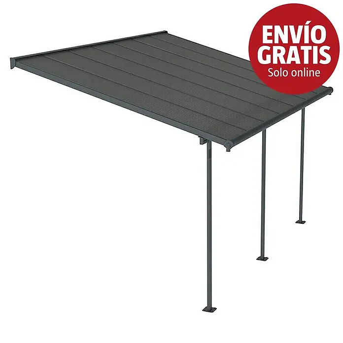 Palram – Canopia Marquesina adosada Capri - An x Pr: 434 x 299 cm, Antracita, Policarbonato, Gris - Marquesina o cubierta de patio de metal gris oscuro con postes de soporte.