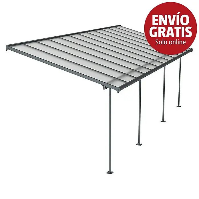 Palram – Canopia Marquesina adosada Sierra - An x Pr: 739 x 299 cm, Antracita, Policarbonato, Gris - Pérgola de estructura metálica gris con paneles de techo translúcidos, soportada por postes. Insignia roja: 'ENVÍO GRATIS Solo online'.