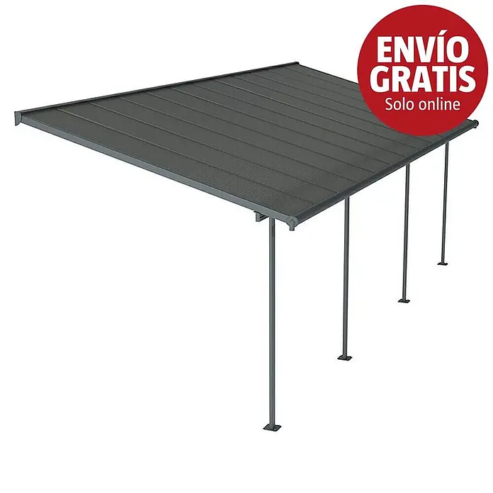 Palram – Canopia Marquesina adosada Capri - An x Pr: 739 x 299 cm, Antracita, Policarbonato, Gris - Pérgola metálica gris oscuro con techo ondulado y múltiples postes de soporte.
