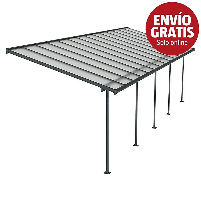 Palram – Canopia Marquesina adosada Sierra - An x Pr: 860 x 299 cm, Antracita, Policarbonato, Gris - Pérgola gris oscuro con paneles de techo translúcidos, postes de soporte y una pegatina roja 'ENVÍO GRATIS Solo online'.