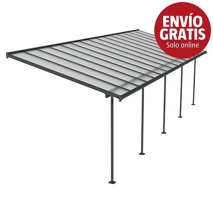 Palram – Canopia Marquesina adosada Sierra - An x Pr: 924 x 299 cm, Antracita, Policarbonato, Gris - Marquesina o porche metálico gris oscuro con paneles de techo ondulados translúcidos, sostenido por varios postes.