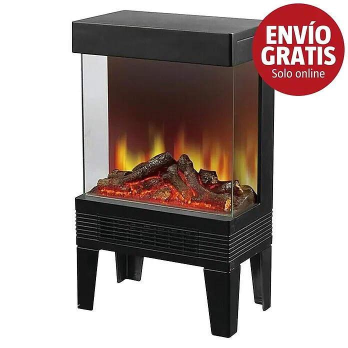 Fulmo Chimenea eléctrica Rotterdam - Negro, 1.850 W, 31 x 51 x 56 cm - Chimenea eléctrica rectangular negra con laterales de cristal y efecto de llama realista con troncos falsos, sobre cuatro patas.