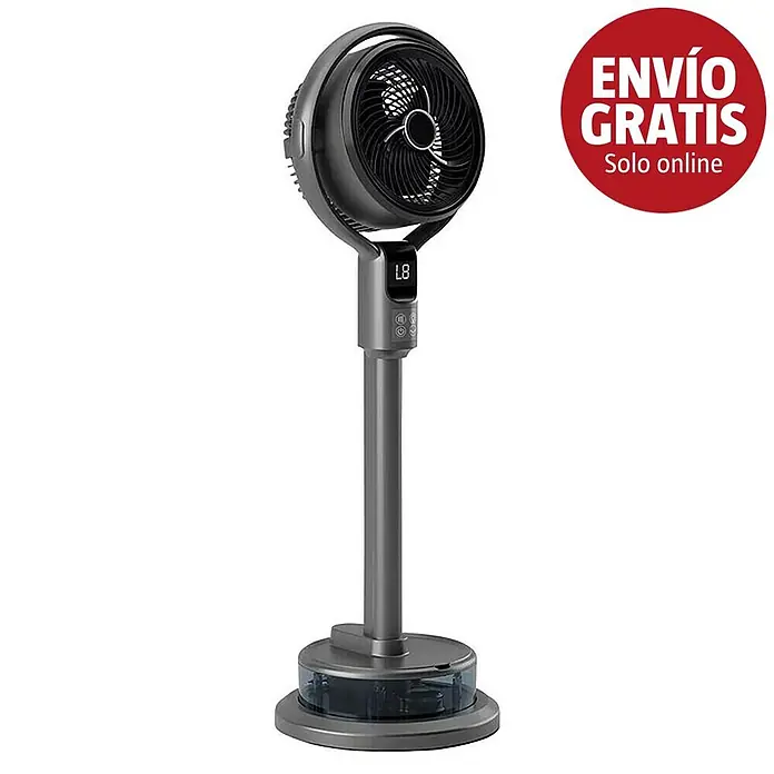 Purline Misty Ventilador de pie Apollo - 50 W, Potencia de aire: 0,2 m³/h, Negro, 98 cm - Ventilador de pedestal moderno gris oscuro con cabezal circular, pantalla digital 'L8', controles táctiles y un depósito de agua transparente en la base.