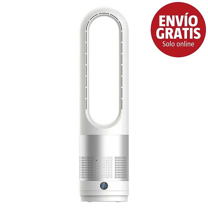 Purline Venty Ventilador de torre Marín - 30 W, Blanco, 56 cm - Ventilador sin aspas blanco y plateado con pantalla digital que muestra '18'.