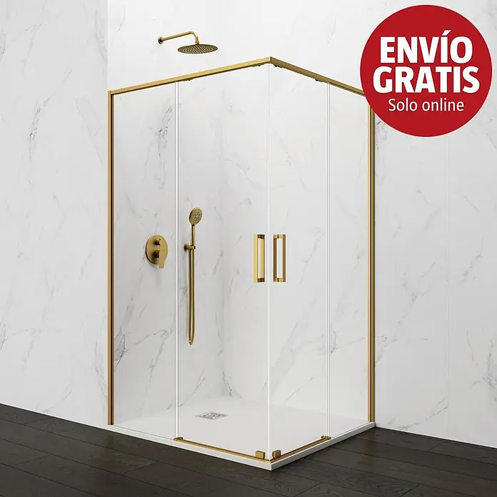 GME Mampara de ducha esquinera Twenty Angular - L x An x Al: 70 x 120 x 195 cm, Vidrio transparente, Oro - Cabina de ducha de esquina con marcos y accesorios dorados, incluyendo un cabezal de ducha y mezclador. Con paneles de vidrio transparente y base blanca.
