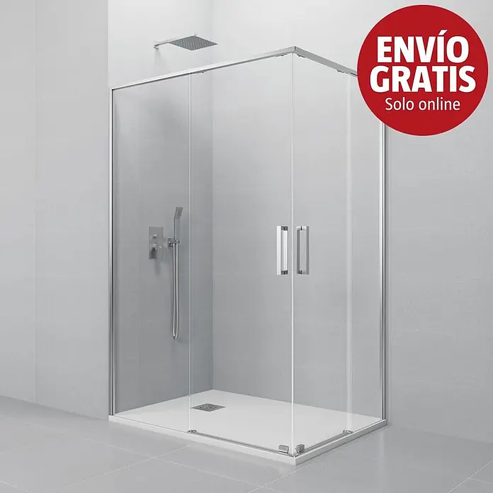 GME Mampara de ducha esquinera Twenty Angular - L x An x Al: 70 x 120 x 195 cm, Vidrio transparente, Cromo - Mampara de ducha de cristal transparente con perfiles cromados, plato blanco y conjunto de ducha de pared.