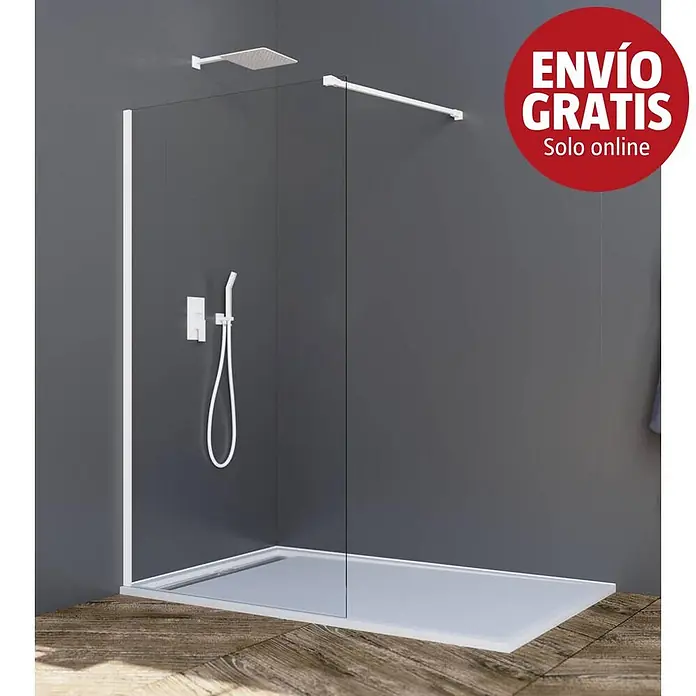 GME Mampara de ducha fija + brazo Screen - An x Al: 108 x 195 cm, Vidrio transparente, Blanco - Ducha a ras de suelo con marco blanco, panel de cristal, plato de ducha y grifería blanca sobre pared oscura.