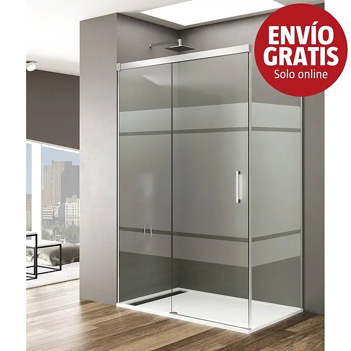 GME Mampara de ducha frontal Basic - L x An x Al: 80 x 145 x 196 cm, Vidrio serigrafiado, Plata brillo - Mampara de ducha moderna con puertas correderas de cristal esmerilado y franjas horizontales transparentes, en un baño contemporáneo con plato blanco.