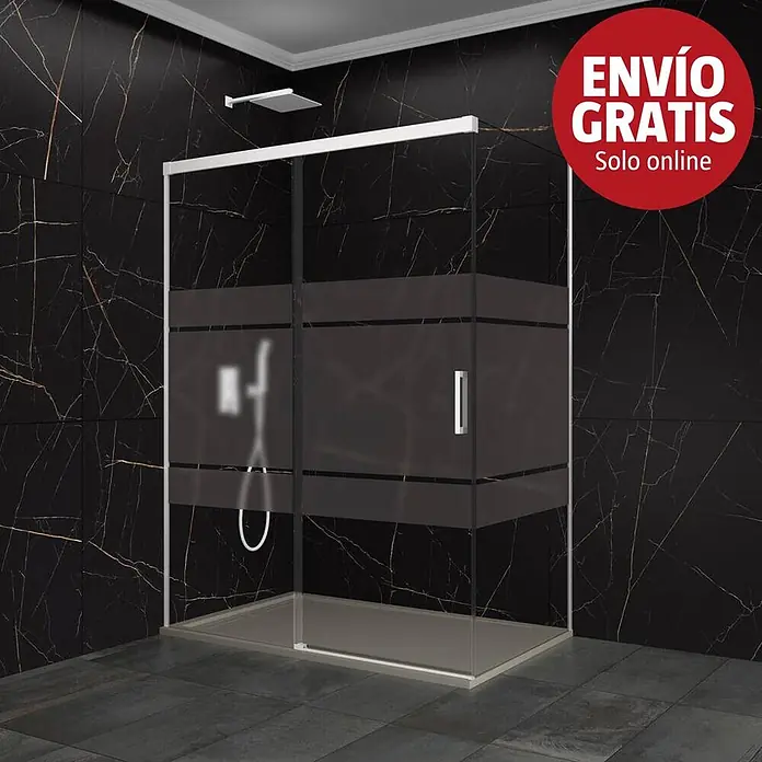 GME Mampara de ducha frontal Basic - L x An x Al: 80 x 145 x 196 cm, Vidrio serigrafiado, Blanco - Mampara de ducha moderna de cristal transparente con franjas esmeriladas y marco metálico, en un baño con azulejos efecto mármol oscuro.