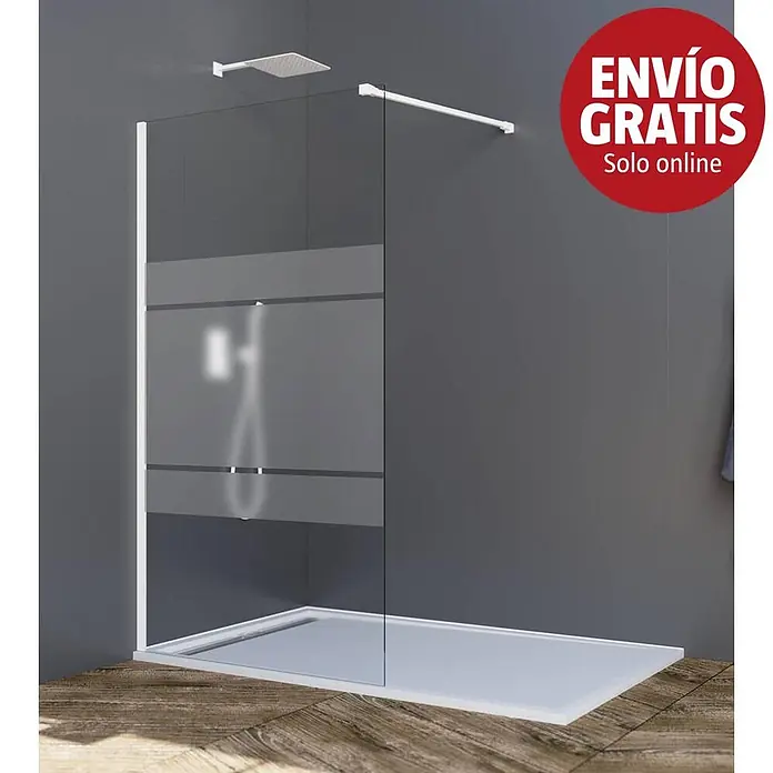 GME Mampara de ducha fija + brazo Screen - An x Al: 98 x 195 cm, Vidrio serigrafiado, Blanco - Ducha walk-in con panel de cristal esmerilado, marco y plato de ducha blancos, y rociador blanco.