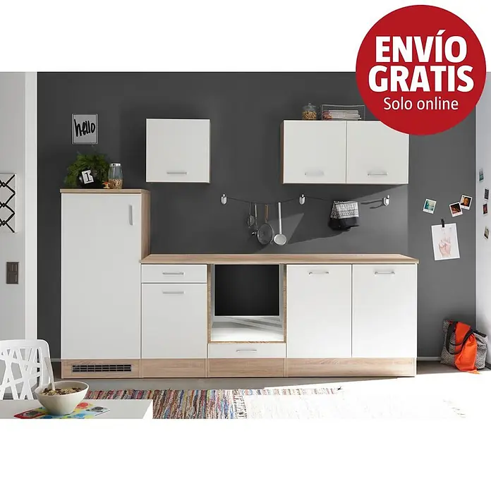 Respekta Cocina modular completa Petunia - Ancho: 270 cm, Blanco, Sin electrodomésticos - Mueble de cocina moderno con armarios blancos, encimera y base efecto madera clara, con mueble alto y armarios superiores, en una estancia.