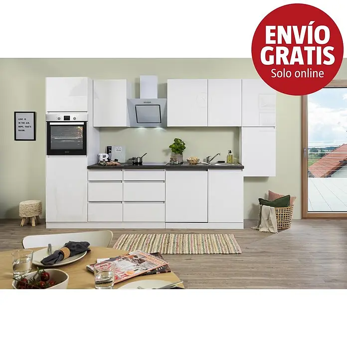 Respekta Premium Cocina modular completa Lorena - Ancho: 330 cm, Blanco, Brillo intenso, Decoración encimera: Efecto piedra, Sin electrodomésticos - Cocina modular blanca moderna con horno, placa, fregadero y campana extractora en un ambiente contemporáneo.