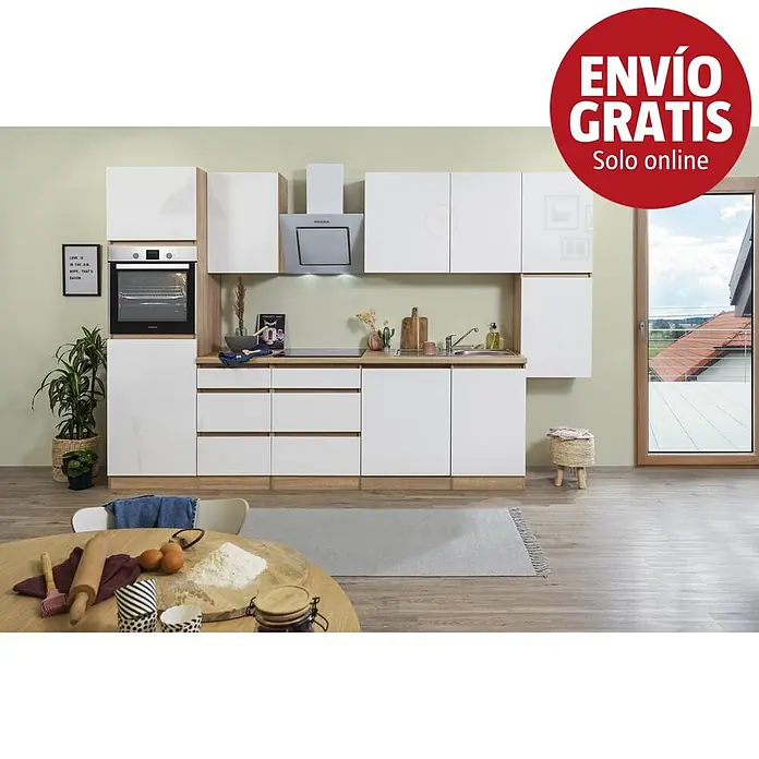 Respekta Premium Cocina modular completa Lorena - Ancho: 330 cm, Roble/Blanco, Decoración encimera: Efecto madera, Brillo intenso, Sin electrodomésticos - Mueble de cocina moderno blanco con detalles de madera, horno integrado, placa, campana extractora, fregadero y amplio almacenaje, en un hogar.
