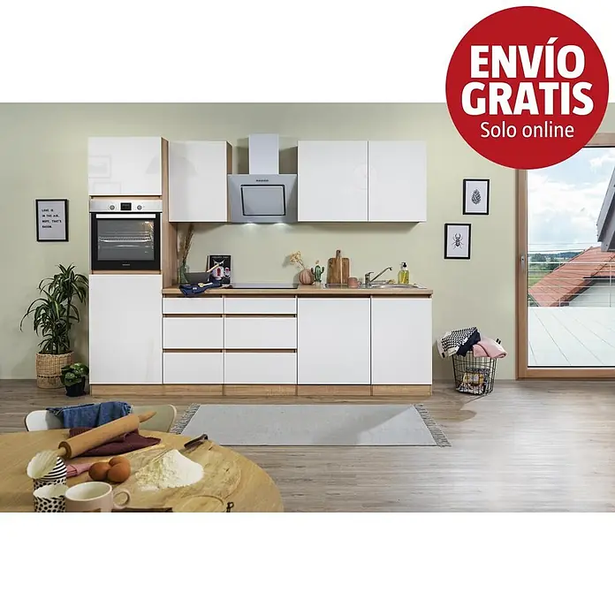 Respekta Premium Cocina modular completa Lorena - Ancho: 280 cm, Roble/Blanco, Decoración encimera: Efecto madera, Brillo intenso, Sin electrodomésticos - Mueble de cocina modular moderno con frentes blancos brillantes y detalles de madera, con electrodomésticos y fregadero.