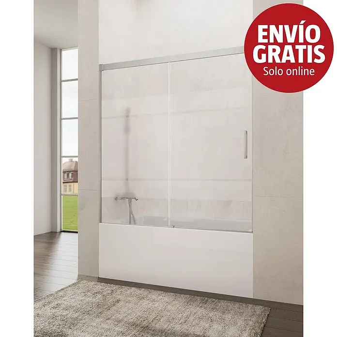 GME Mampara para bañera Basic - An x Al: 160 x 150 cm, Vidrio serigrafiado, Cromo - Mampara de bañera de cristal transparente con marco plateado sobre una bañera blanca.