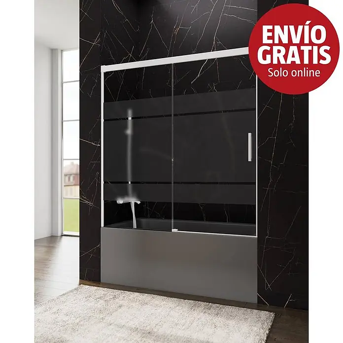 GME Mampara para bañera Basic - An x Al: 170 x 150 cm, Vidrio serigrafiado, Blanco - Mampara de ducha gris oscuro con paneles de cristal esmerilado sobre una bañera.