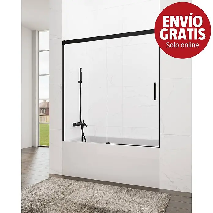 GME Mampara para bañera Basic - An x Al: 160 x 150 cm, Vidrio transparente, Negro - Mampara de ducha corredera con marco negro para bañera.