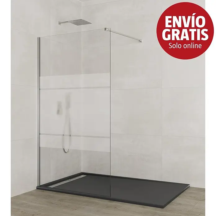 GME Mampara de ducha fija + brazo Screen - An x Al: 98 x 195 cm, Vidrio serigrafiado, Plata brillo - Mampara de ducha de cristal moderna con franjas esmeriladas y plato de ducha gris oscuro.