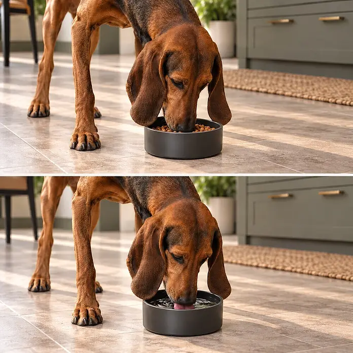 belviona Hundenapf Edelstahl 1200 ml, rutschfest & doppelwandig, schwarz -  - Dunkelgrauer Hundenapf, von einem Hund zum Fressen von Trockenfutter und Trinken von Wasser verwendet.