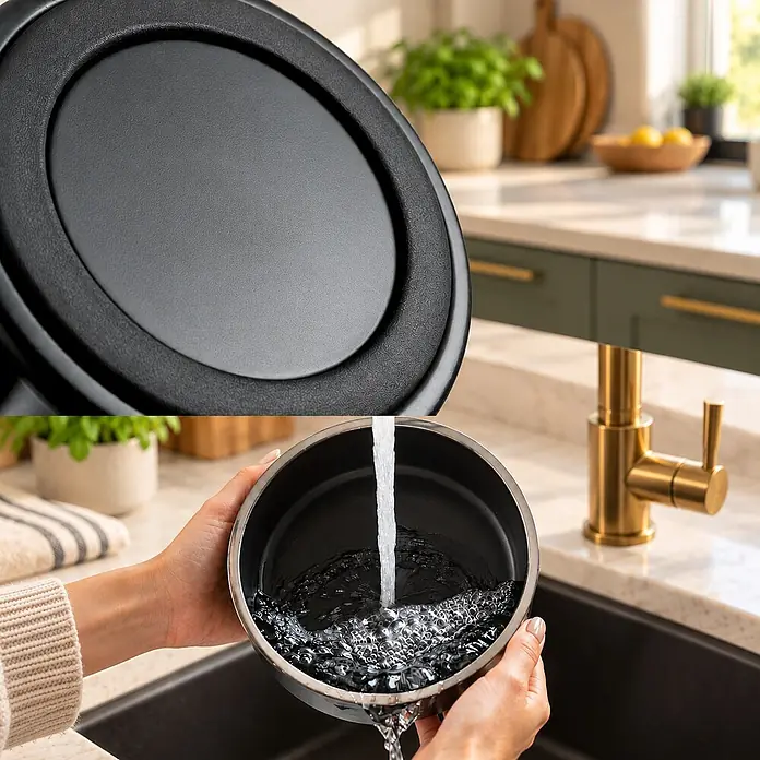 belviona Hundenapf Edelstahl 825 ml, rutschfest & doppelwandig, schwarz -  - Schwarzer Topf mit strukturierter Unterseite, der in einer Küche mit Wasser gefüllt wird.
