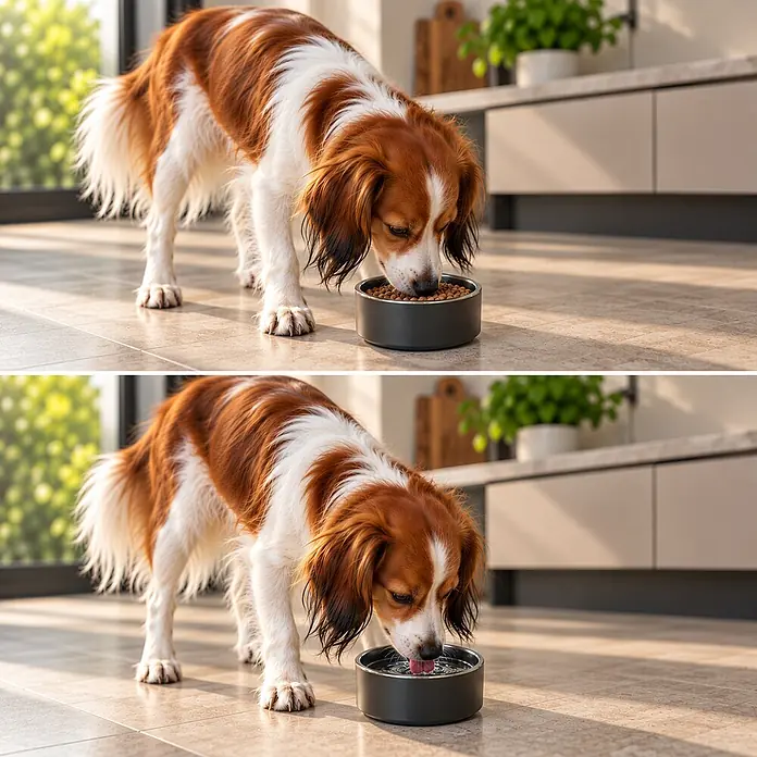 belviona Hundenapf Edelstahl 825 ml, rutschfest & doppelwandig, schwarz -  - Dunkelgraue Futterschale für Haustiere, geeignet für Futter und Wasser, von einem Hund benutzt.