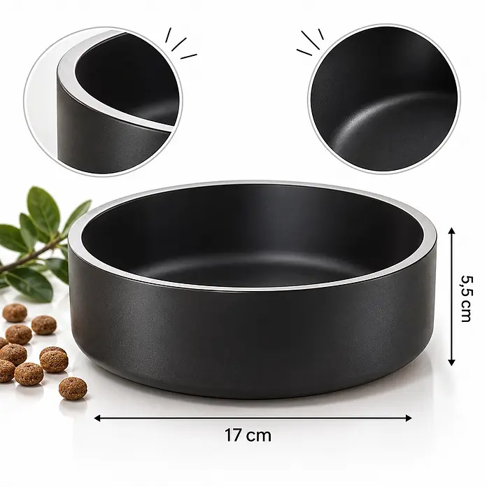 belviona Hundenapf Edelstahl 825 ml, rutschfest & doppelwandig, schwarz -  - Schwarze Futterschale mit silbernem Rand, 17 cm Durchmesser, 5,5 cm hoch, mit Tierfutter daneben.