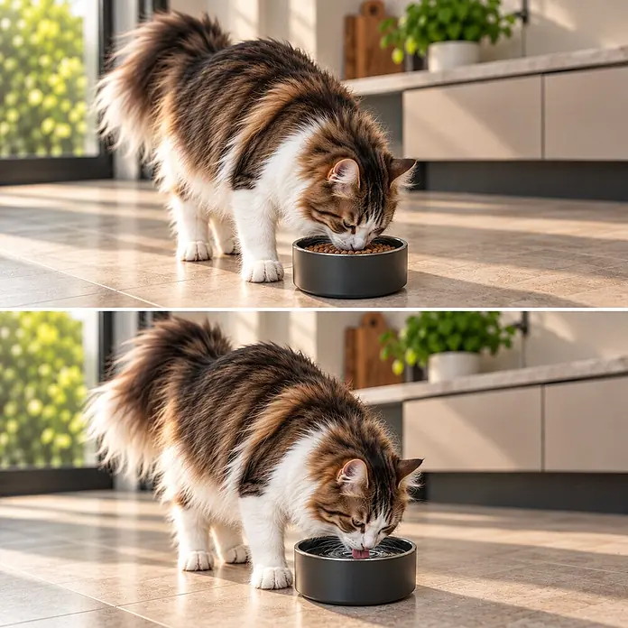 belviona Katzennapf Edelstahl 825 ml, rutschfest & doppelwandig, schwarz -  - Zwei dunkelgraue Haustiernäpfe in einer Küche: einer mit Futter, der andere mit Wasser für eine Katze.