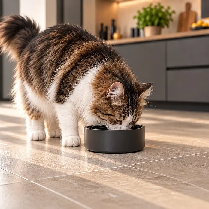 belviona Katzennapf Edelstahl 825 ml, rutschfest & doppelwandig, schwarz -  - Flauschige braun-weiße Katze frisst aus einem schwarzen, runden Futternapf auf Küchenboden. Flacher Napf ideal für bequemes Fressen.