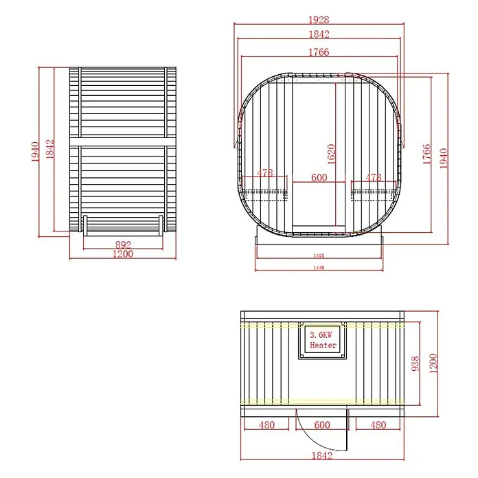 Home Deluxe Outdoor Sauna CUBE M - - B x H x T - Technische Zeichnungen einer Fasssauna aus Holz, mit Vorder-, Draufsicht und Seitenansicht, inklusive Maßen und einem 3,6-kW-Heizgerät.