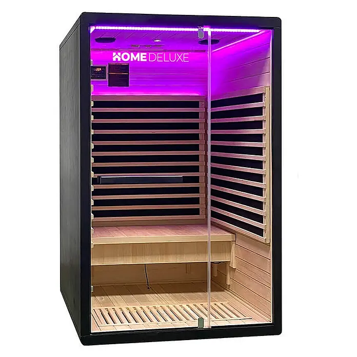 Home Deluxe Infrarotkabine NERO M Schwarz -  - Infrarotsauna mit schwarzer Außenseite, hellem Holzinterieur, Glastür, violetter LED-Beleuchtung und Bedienfeld.