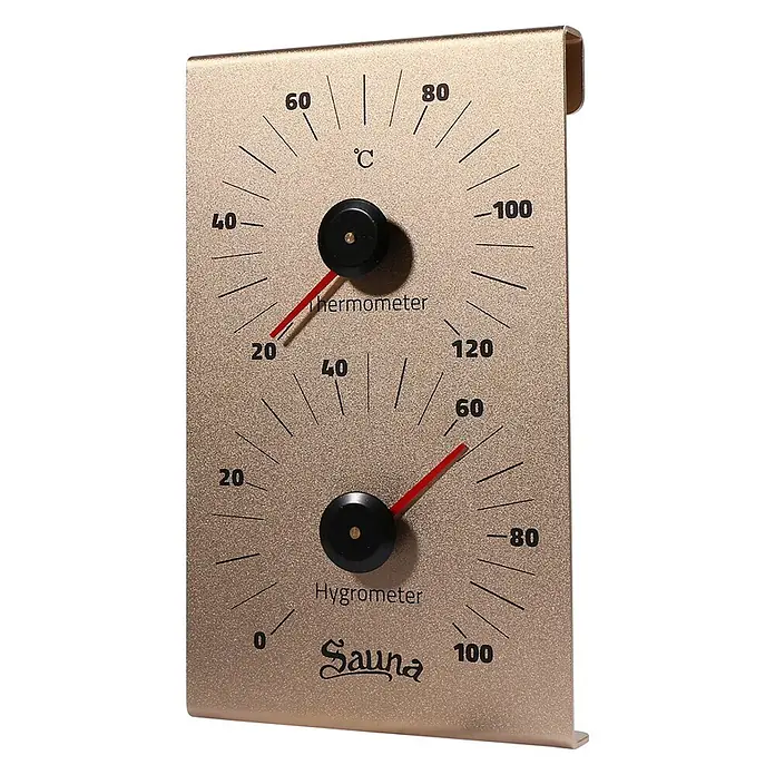 Home Deluxe Sauna-Zubehör THERA Gold -  - Goldfarbenes Metall-Saunathermometer und -Hygrometer mit zwei schwarzen Zifferblättern und roten Zeigern.