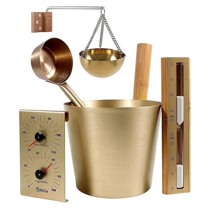 Home Deluxe Sauna-Zubehör THERA Gold -  - Goldenes Saunazubehör-Set mit Eimer, Schöpfkelle, Thermometer, Hygrometer, Sanduhr und Aromaschale.