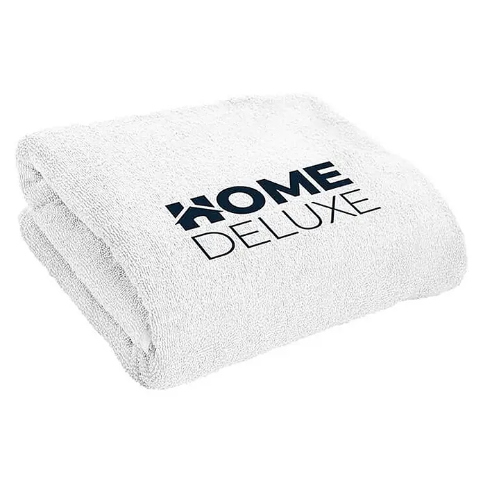 Home Deluxe Sauna-Zubehör RAJA -  - Gefaltetes weißes Frotteehandtuch mit dunkelblauem "HOME DELUXE"-Logo.